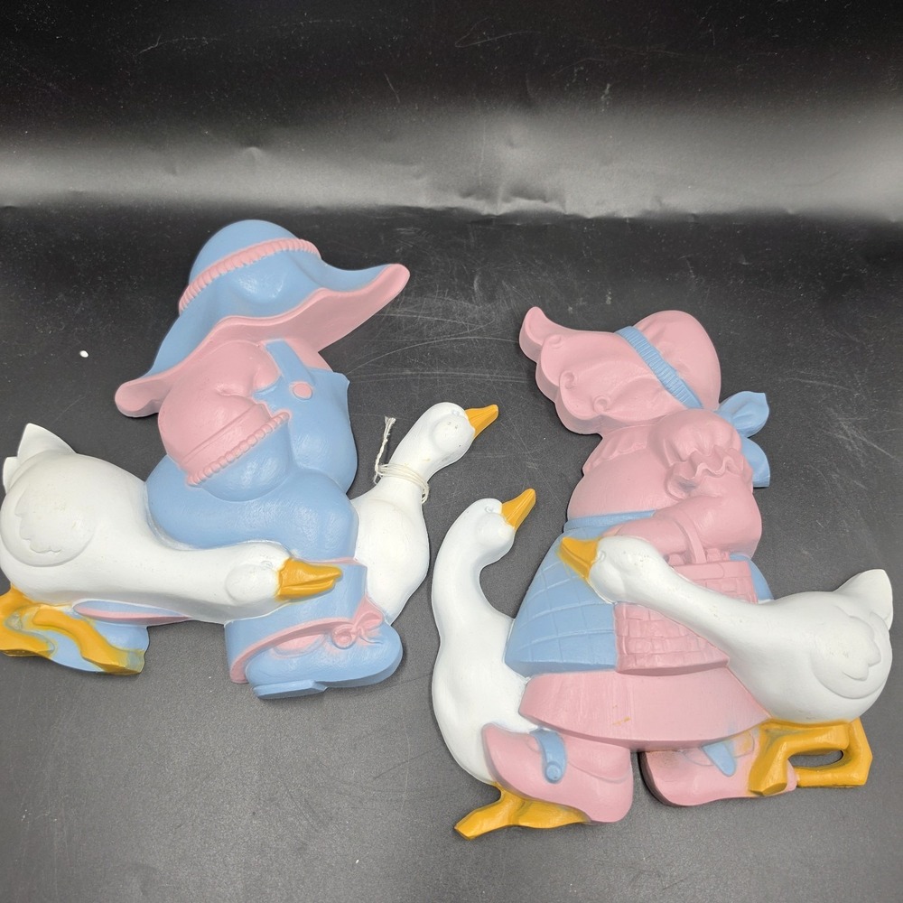 Vintage BURWOOD MCM Wall Hangings Boy Girl Goose Ducks Geese 2865-2b Two Pc Set